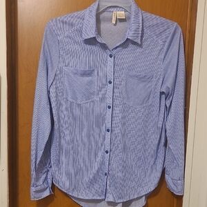 Size Med Bassport Blue and White Striped Casual Shirt